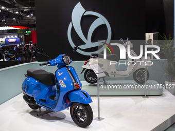 The Vespa GTS 310 is at the 110th International Motorcycle and Accessories Exhibition 2024 at Fiera Milano Rho in Milan, Italy, on November...