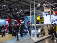 The Vespa stand is at the 110th International Motorcycle and Accessories Exhibition 2024 at Fiera Milano Rho in Milan, Italy, on November 6,...