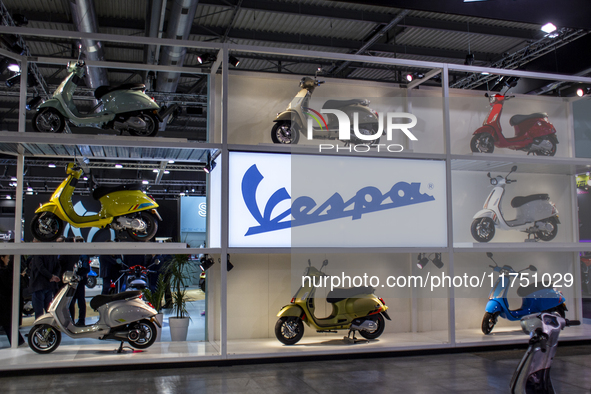 The Vespa stand is at the 110th International Motorcycle and Accessories Exhibition 2024 at Fiera Milano Rho in Milan, Italy, on November 6,...