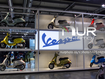 The Vespa stand is at the 110th International Motorcycle and Accessories Exhibition 2024 at Fiera Milano Rho in Milan, Italy, on November 6,...