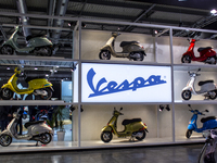 The Vespa stand is at the 110th International Motorcycle and Accessories Exhibition 2024 at Fiera Milano Rho in Milan, Italy, on November 6,...