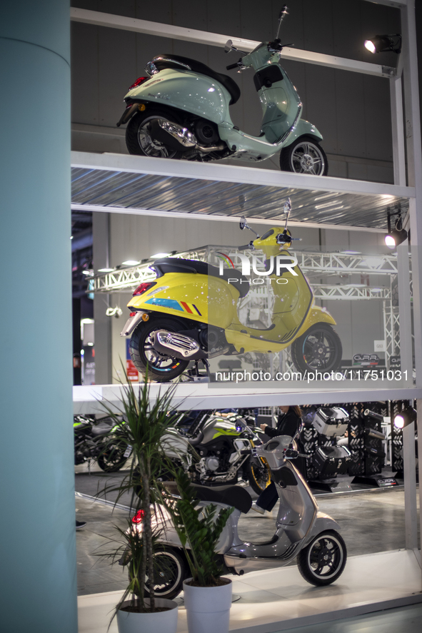 The Vespa stand is at the 110th International Motorcycle and Accessories Exhibition 2024 at Fiera Milano Rho in Milan, Italy, on November 6,...