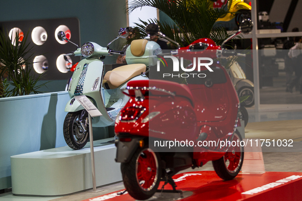 The Vespa 125i-get ABS Primavera Batik is at the 110th International Motorcycle and Accessories Exhibition 2024 at Fiera Milano Rho in Milan...