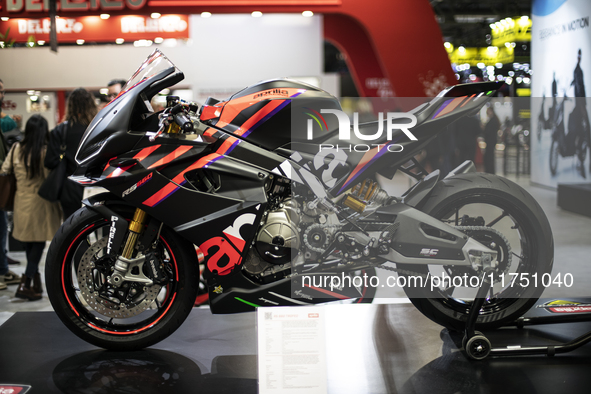 The Aprilia RS 660 Trofeo is at the 110th International Motorcycle and Accessories Exhibition 2024 at Fiera Milano Rho in Milan, Italy, on N...