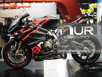 The Aprilia RS 660 Trofeo is at the 110th International Motorcycle and Accessories Exhibition 2024 at Fiera Milano Rho in Milan, Italy, on N...