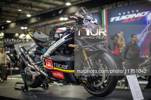 The Aprilia RSV4 X ex3ma is at the 110th International Motorcycle and Accessories Exhibition 2024 at Fiera Milano Rho in Milan, Italy, on No...