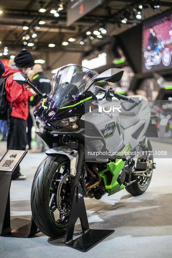 The Kawasaki HEV Ninja is at the 110th International Motorcycle and Accessories Exhibition 2024 at Fiera Milano Rho in Milan, Italy, on Nove...