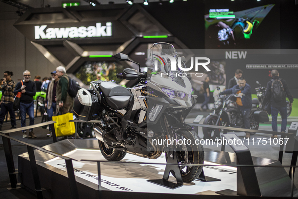 The Kawasaki Versys 1100 SE MY 2025 is at the 110th International Motorcycle and Accessories Exhibition 2024 at Fiera Milano Rho in Milan, I...