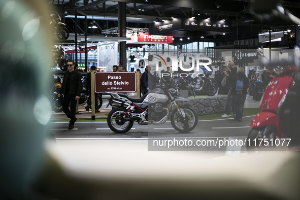 The Moto Guzzi Stelvio is at the 110th International Motorcycle and Accessories Exhibition 2024 at Fiera Milano Rho in Milan, Italy, on Nove...