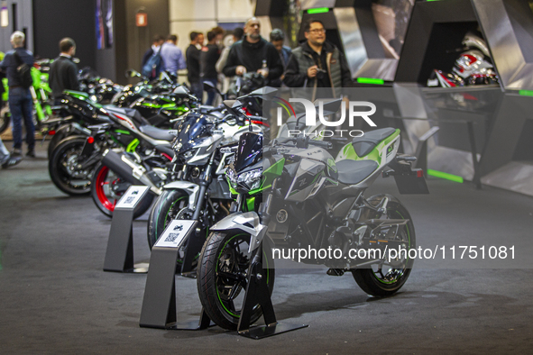 The Kawasaki Z e-1 is at the 110th International Motorcycle and Accessories Exhibition 2024 at Fiera Milano Rho in Milan, Italy, on November...