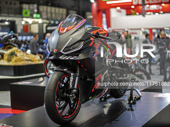 The Aprilia Kit RS 457 Trofeo is at the 110th International Motorcycle and Accessories Exhibition 2024 at Fiera Milano Rho in Milan, Italy,...