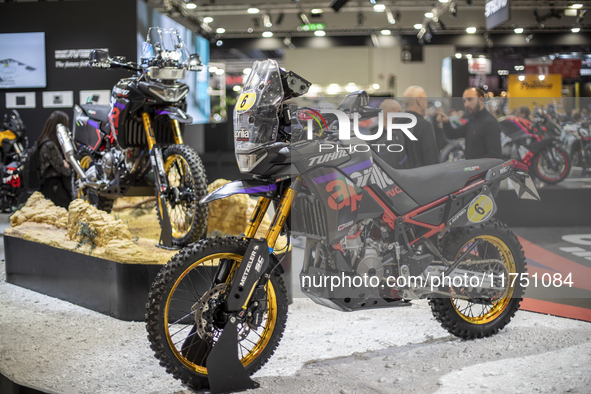 The Aprilia Tuareg Rally takes place at the 110th International Motorcycle and Accessories Exhibition 2024 at Fiera Milano Rho in Milan, Ita...