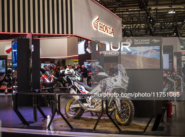 The Honda Africa Twin is at the 110th International Motorcycle and Accessories Exhibition 2024 at Fiera Milano Rho in Milan, Italy, on Novem...