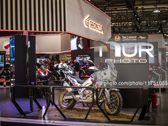 The Honda Africa Twin is at the 110th International Motorcycle and Accessories Exhibition 2024 at Fiera Milano Rho in Milan, Italy, on Novem...