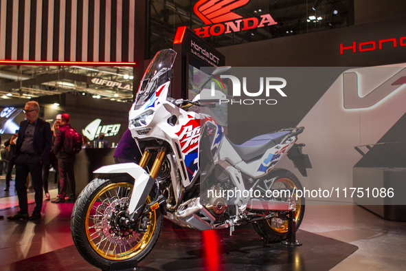 The Honda Africa Twin is at the 110th International Motorcycle and Accessories Exhibition 2024 at Fiera Milano Rho in Milan, Italy, on Novem...