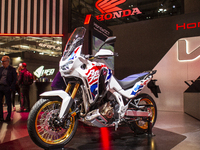 The Honda Africa Twin is at the 110th International Motorcycle and Accessories Exhibition 2024 at Fiera Milano Rho in Milan, Italy, on Novem...