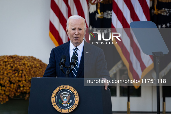 President Joe Biden addresses the nation about the results of the 2024 presidential election at the White House in Washington, DC, on Novemb...