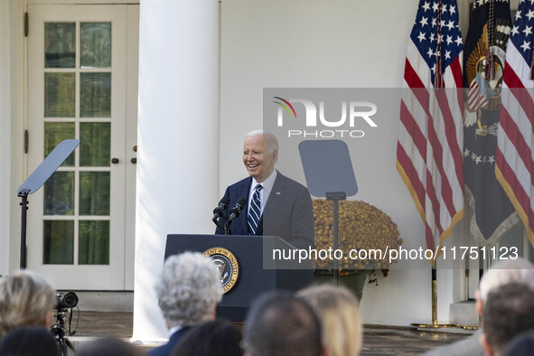 In Washington, DC, on November 7, 2024, President Joe Biden addresses the nation on the election outcome and a peaceful transfer of power in...