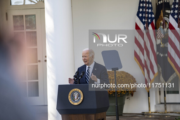 In Washington, DC, on November 7, 2024, President Joe Biden addresses the nation on the election outcome and a peaceful transfer of power in...