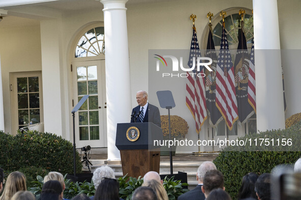 In Washington, DC, on November 7, 2024, President Joe Biden addresses the nation on the election outcome and a peaceful transfer of power in...