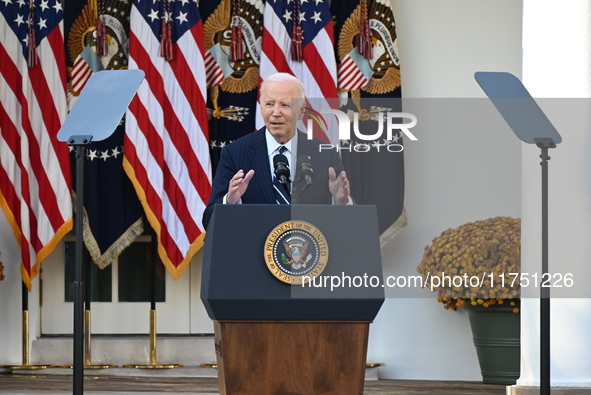 United States President Joe Biden makes a statement on the general election where voters overwhelmingly elect Donald J. Trump, making him th...