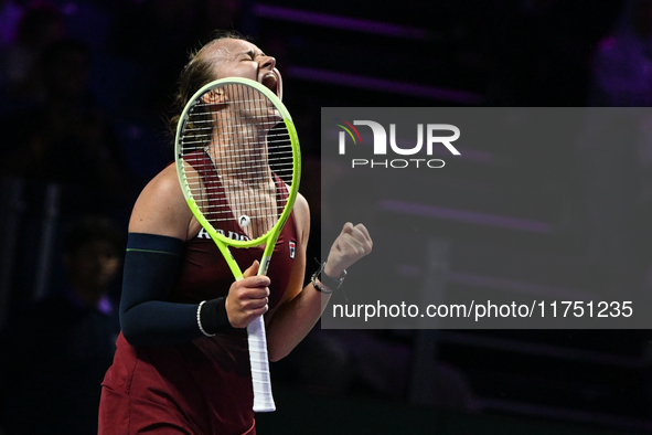 RIYADH, SAUDI ARABIA - NOVEMBER 07: Barbora Krejcikova of Czech Republic celebrates after winning her match against Coco Gauff of USA, on Da...