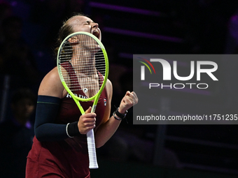 RIYADH, SAUDI ARABIA - NOVEMBER 07: Barbora Krejcikova of Czech Republic celebrates after winning her match against Coco Gauff of USA, on Da...