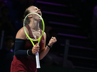 RIYADH, SAUDI ARABIA - NOVEMBER 07: Barbora Krejcikova of Czech Republic celebrates after winning her match against Coco Gauff of USA, on Da...