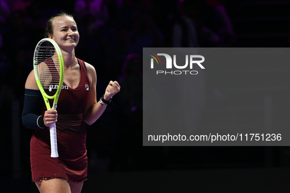 RIYADH, SAUDI ARABIA - NOVEMBER 07: Barbora Krejcikova of Czech Republic celebrates after winning her match against Coco Gauff of USA, on Da...