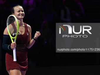 RIYADH, SAUDI ARABIA - NOVEMBER 07: Barbora Krejcikova of Czech Republic celebrates after winning her match against Coco Gauff of USA, on Da...