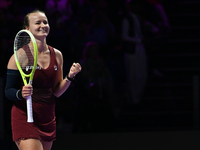 RIYADH, SAUDI ARABIA - NOVEMBER 07: Barbora Krejcikova of Czech Republic celebrates after winning her match against Coco Gauff of USA, on Da...