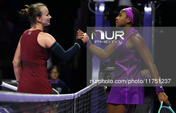 RIYADH, SAUDI ARABIA - NOVEMBER 07: Barbora Krejcikova (L) of Czech Republic wins her match against Coco Gauff of USA, on Day 6 of the 2024...