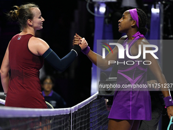 RIYADH, SAUDI ARABIA - NOVEMBER 07: Barbora Krejcikova (L) of Czech Republic wins her match against Coco Gauff of USA, on Day 6 of the 2024...