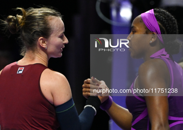 RIYADH, SAUDI ARABIA - NOVEMBER 07: Barbora Krejcikova (L) of Czech Republic wins her match against Coco Gauff of USA, on Day 6 of the 2024...