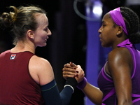 RIYADH, SAUDI ARABIA - NOVEMBER 07: Barbora Krejcikova (L) of Czech Republic wins her match against Coco Gauff of USA, on Day 6 of the 2024...