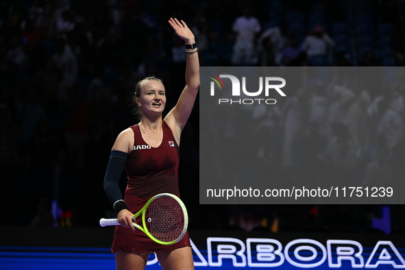 RIYADH, SAUDI ARABIA - NOVEMBER 07: Barbora Krejcikova of Czech Republic celebrates her match against Coco Gauff of USA, on Day 6 of the 202...