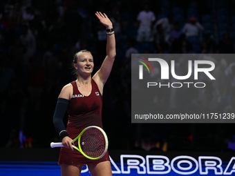 RIYADH, SAUDI ARABIA - NOVEMBER 07: Barbora Krejcikova of Czech Republic celebrates her match against Coco Gauff of USA, on Day 6 of the 202...