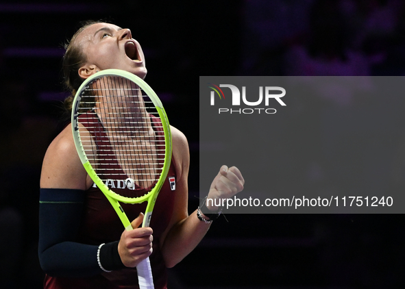 RIYADH, SAUDI ARABIA - NOVEMBER 07: Barbora Krejcikova of Czech Republic celebrates after winning her match against Coco Gauff of USA, on Da...