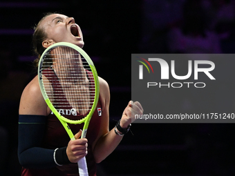 RIYADH, SAUDI ARABIA - NOVEMBER 07: Barbora Krejcikova of Czech Republic celebrates after winning her match against Coco Gauff of USA, on Da...