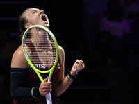 RIYADH, SAUDI ARABIA - NOVEMBER 07: Barbora Krejcikova of Czech Republic celebrates after winning her match against Coco Gauff of USA, on Da...