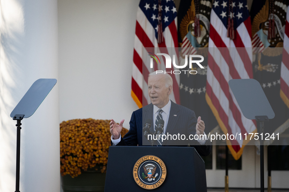 President Joe Biden addresses senior staff and the nation on the results of the 2024 presidential election in the White House rose garden in...