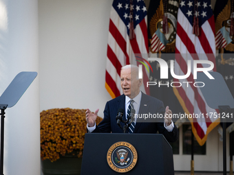 President Joe Biden addresses senior staff and the nation on the results of the 2024 presidential election in the White House rose garden in...