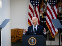 President Joe Biden addresses senior staff and the nation on the results of the 2024 presidential election in the White House rose garden in...