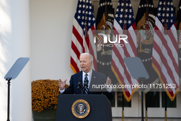 President Joe Biden addresses senior staff and the nation on the results of the 2024 presidential election in the White House rose garden in...