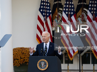 President Joe Biden addresses senior staff and the nation on the results of the 2024 presidential election in the White House rose garden in...