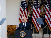 President Joe Biden addresses senior staff and the nation on the results of the 2024 presidential election in the White House rose garden in...