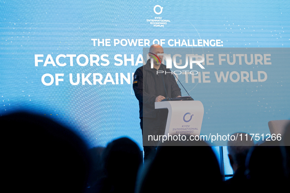 Prime Minister of Ukraine Denys Shmyhal delivers a speech during the opening of the Kyiv International Economic Forum in Kyiv, Ukraine, on N...