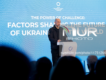 Prime Minister of Ukraine Denys Shmyhal delivers a speech during the opening of the Kyiv International Economic Forum in Kyiv, Ukraine, on N...