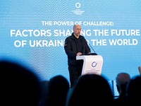 Prime Minister of Ukraine Denys Shmyhal delivers a speech during the opening of the Kyiv International Economic Forum in Kyiv, Ukraine, on N...