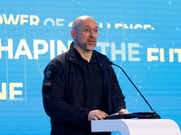 Prime Minister of Ukraine Denys Shmyhal delivers a speech during the opening of the Kyiv International Economic Forum in Kyiv, Ukraine, on N...